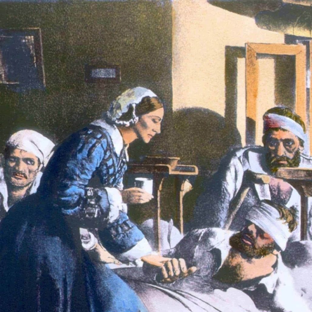 A drawing of Florence Nightingale at work in a military hospital.